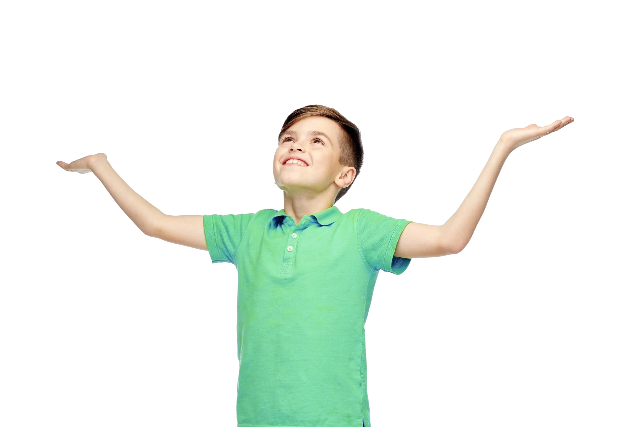 Young boy wearing a green t-shirt holding his arms raised outwards