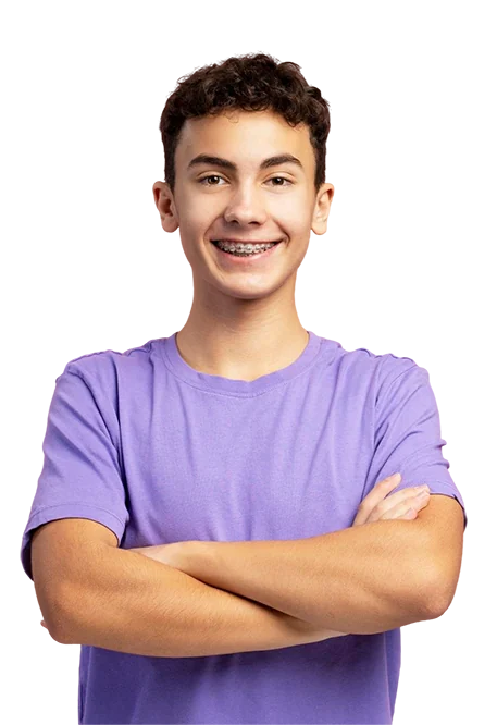 Young boy wearing a purple t-shirt